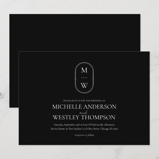 Minimalistisk Monogram Black & White Bröllop Inbjudningar (Fram/baksida)