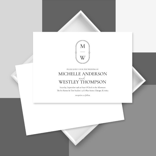 Minimalistisk Monogram Black & White Bröllop Inbjudningar (Skapare uppladdad)