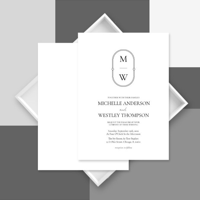 Minimalistisk Monogram Black & White Bröllop Inbjudningar (Skapare uppladdad)