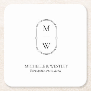 Minimalistisk Monogram Black & White Bröllop Underlägg Papper Kvadrat