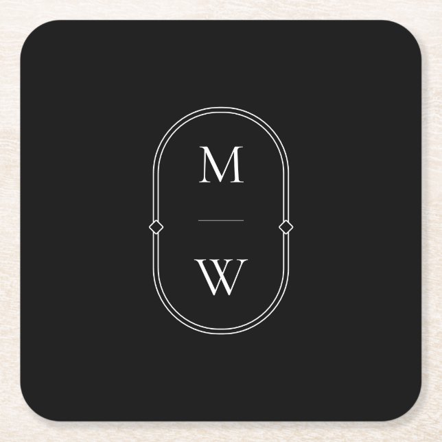 Minimalistisk Monogram Black & White Bröllop Underlägg Papper Kvadrat (Framsidan)