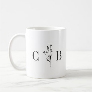 Minimalistisk Monogram Blommigt Black White Bröllo Kaffemugg