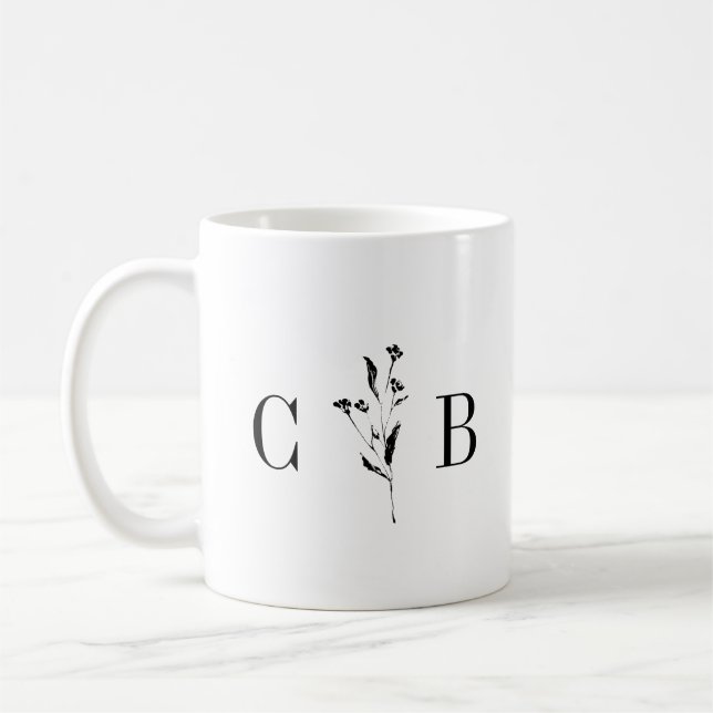 Minimalistisk Monogram Blommigt Black White Bröllo Kaffemugg (Vänster)