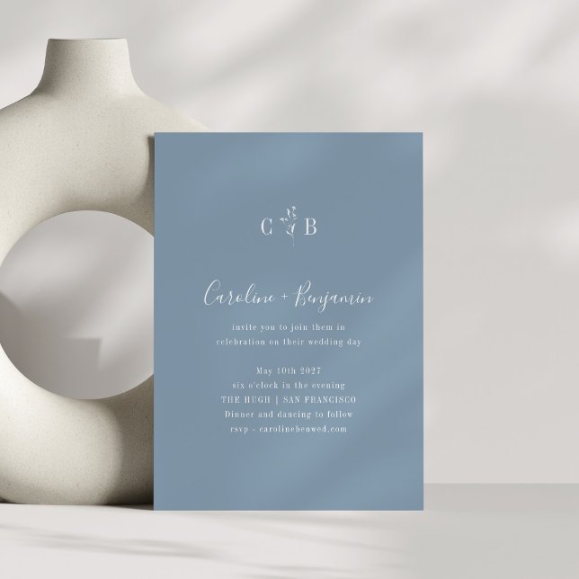 Minimalistisk Monogram Blommigt Dusty Blue Bröllop Inbjudningar (Skapare uppladdad)