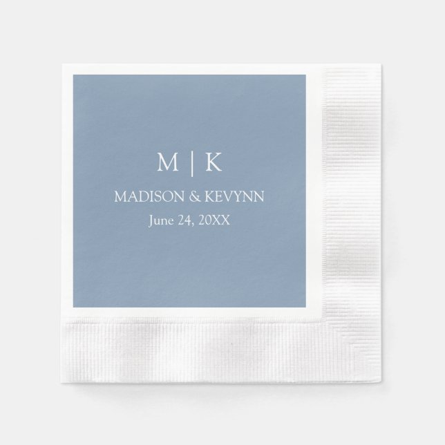 Minimalistisk Monogram Bröllop Dusty Blue Cocktail Pappersservett (Framsidan)