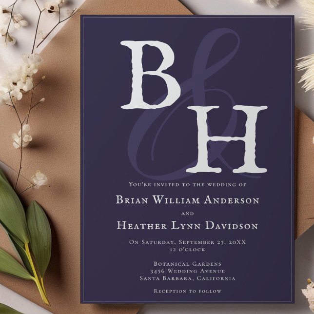 Minimalistisk monogram Bröllop Lila Inbjudningar (Plum Purple Minimalist Monogram Wedding Invitation)