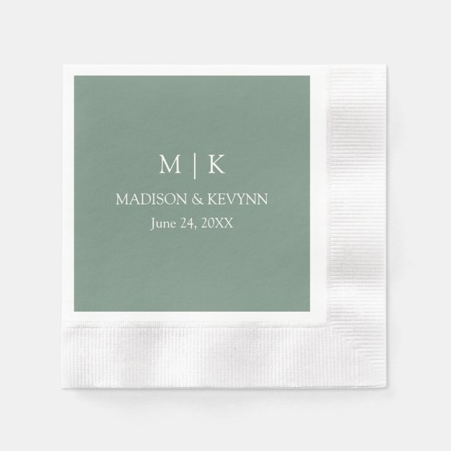 Minimalistisk Monogram Bröllop Sage Grönt Cocktail Pappersservett (Framsidan)