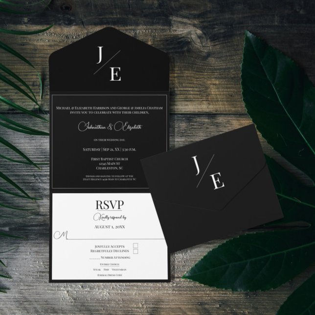 Minimalistisk Monogram Bröllop | Svart (Minimalist Monogram Wedding Black All in One Invitation)