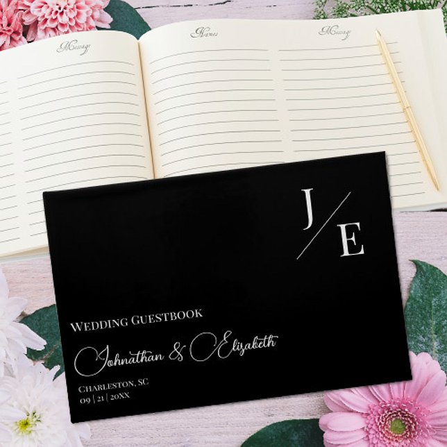 Minimalistisk Monogram Bröllop | Svart Gästböcker (Minimalist Monogram Wedding Black Guestbook)