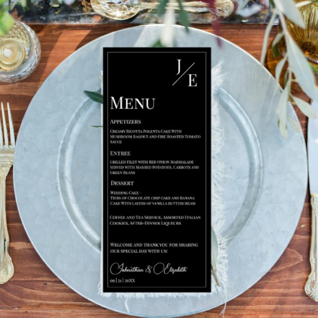 Minimalistisk Monogram Bröllop | Svart Meny (Black Minimalist Monogram Wedding Menu)