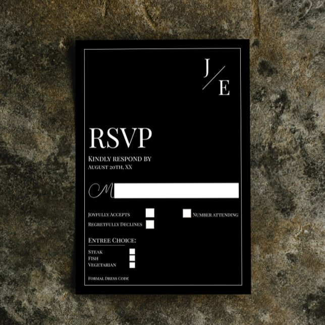 Minimalistisk Monogram Bröllop | Svart OSA Kort (Black Minimalist Monogram Wedding RSVP Card)