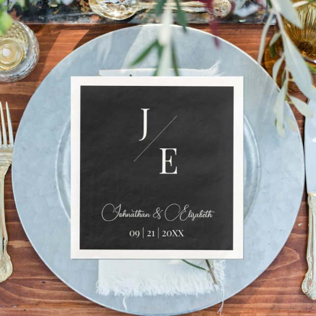 Minimalistisk Monogram Bröllop | Svart Pappersservett (Black Minimalist Monogram Wedding Paper Dinner Napkins)