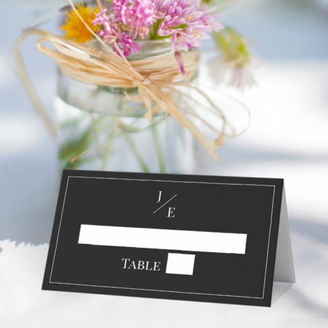 Minimalistisk Monogram Bröllop | Svart Placeringskort (Black Minimalist Monogram Wedding Place Card)