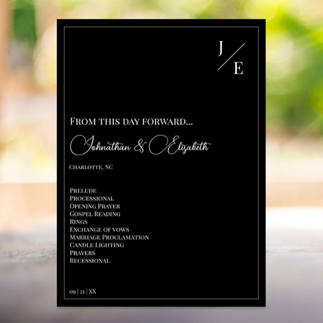 Minimalistisk Monogram Bröllop | Svart Program (Minimalist Monogram Wedding Program | Black)