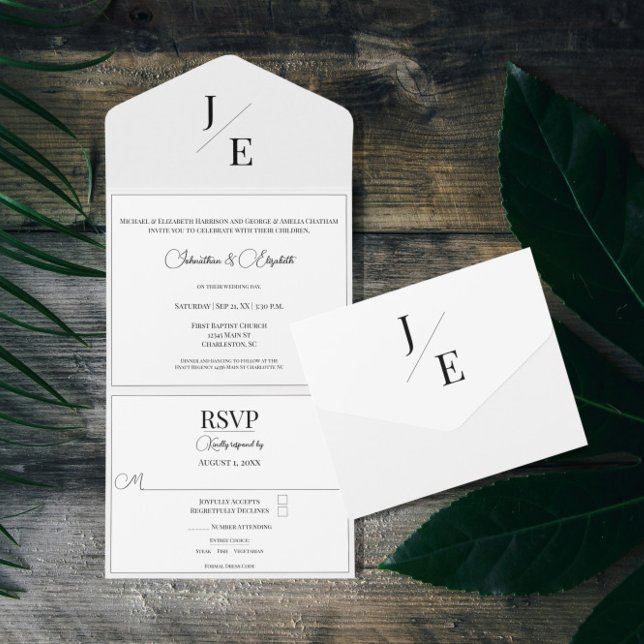 Minimalistisk Monogram Bröllop | Vit (Minimalist Monogram Wedding All in One Invitation)