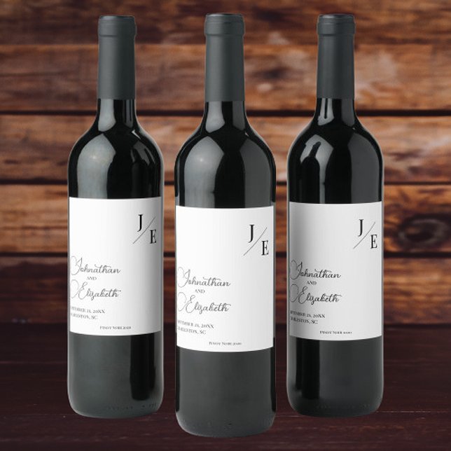 Minimalistisk Monogram Bröllop | Vit Vinflaska Etikett (Minimalist Monogram Wedding Wine Labels)