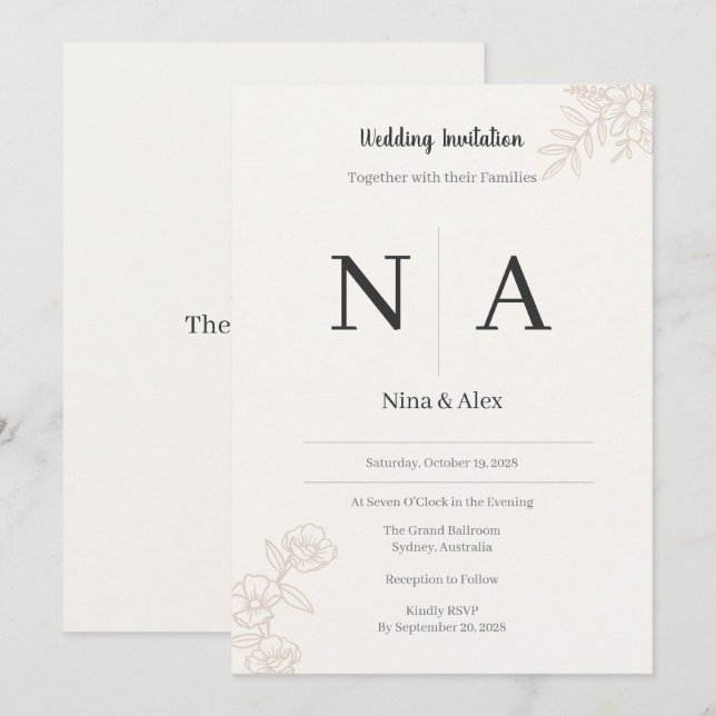 Minimalistisk Monogram Bröllopsinbjudan Inbjudningar (Fram/baksida)