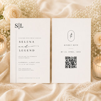 Minimalistisk Monogram Bröllopsinbjudan med QR RSV Inbjudningar