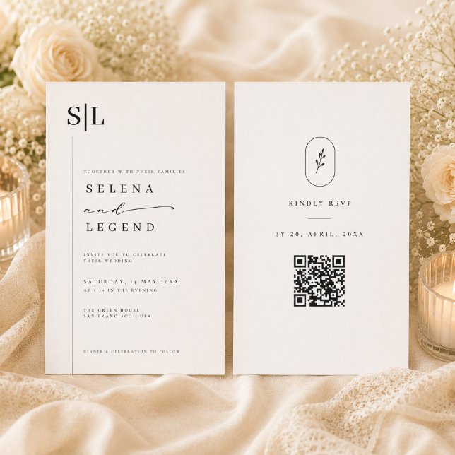 Minimalistisk Monogram Bröllopsinbjudan med QR RSV Inbjudningar (Skapare uppladdad)