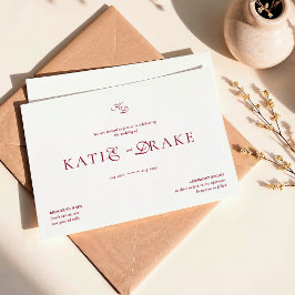 Minimalistisk monogram djup burgunderfärgad bröllo inbjudningar