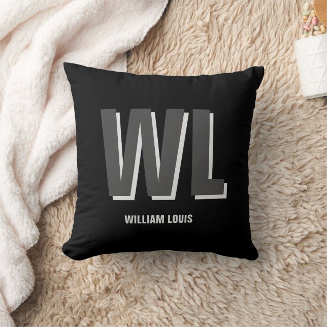 Minimalistisk Monogram för svart och Grått-Personl Kudde (Filt)