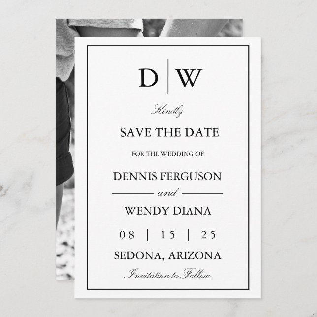 Minimalistisk Monogram Fotografi Spara Datumet (Fram/baksida)