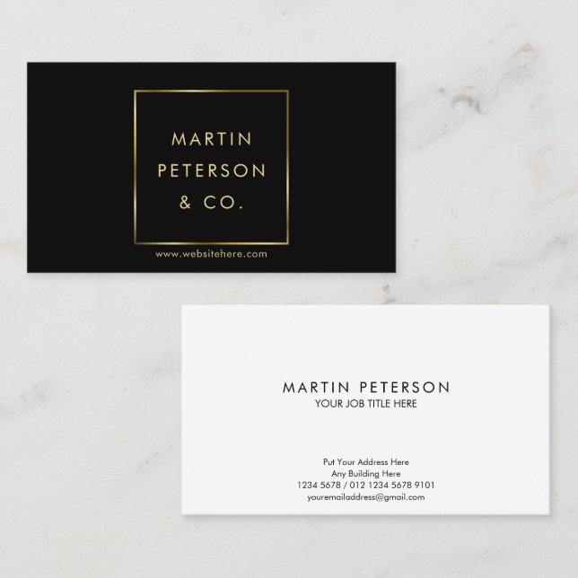 Minimalistisk monogram | Guld fyrkantig ram på sva Visitkort (Fram/baksida)
