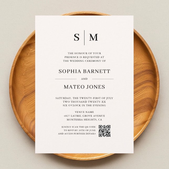 Minimalistisk monogram ivorianfoto QR-kod Bröllop Inbjudningar (Skapare uppladdad)