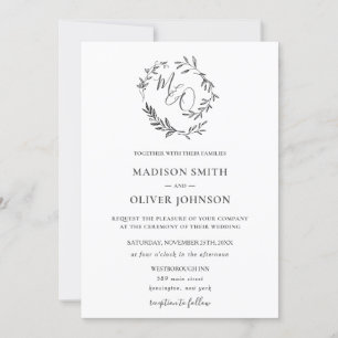 Minimalistisk Monogram Laurel-andningsmodern Bröll Inbjudningar