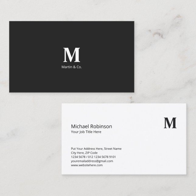 Minimalistisk monogram med initial på mörkgrå visitkort (Fram/baksida)