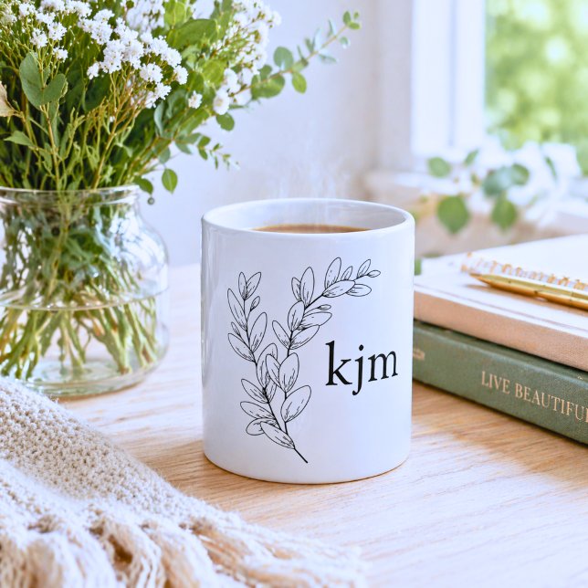 Minimalistisk monogram med lövverk  kaffemugg (Skapare uppladdad)