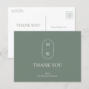 Minimalistisk Monogram Mjukgrön Bröllop Tackkort Vykort