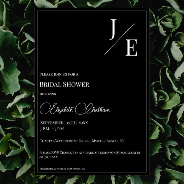 Minimalistisk Monogram-Möhippa | Svart Inbjudningar (Black Minimalist Monogram Bridal Shower Invitation)