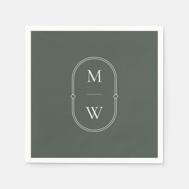 Minimalistisk Monogram Moss Grönt Bröllop Pappersservett (Framsidan)