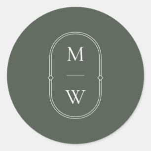 Minimalistisk Monogram Moss Grönt Bröllop Runt Klistermärke