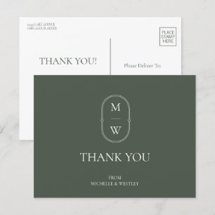 Minimalistisk Monogram Moss Grönt Bröllop Tack Vykort