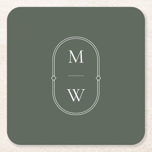 Minimalistisk Monogram Moss Grönt Bröllop Underlägg Papper Kvadrat (Framsidan)