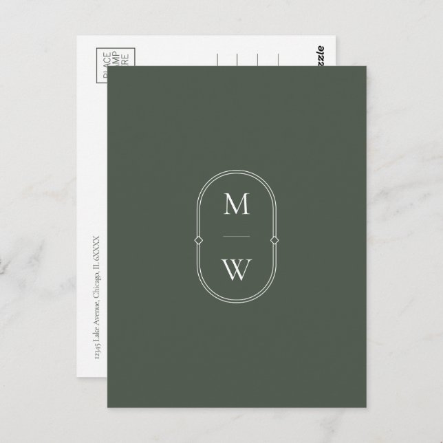 Minimalistisk Monogram Moss-Grönt Spara datum Vykort (Fram/baksida)