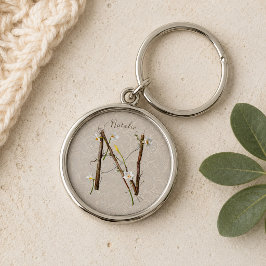 Minimalistisk Monogram N: Diskreta Blommor & Vinra Rund Silverfärgad Nyckelring