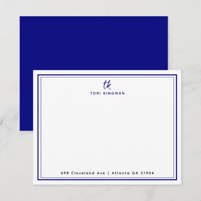 Minimalistisk monogram navyblå två ramar platt anteckningskort (Fram/baksida)