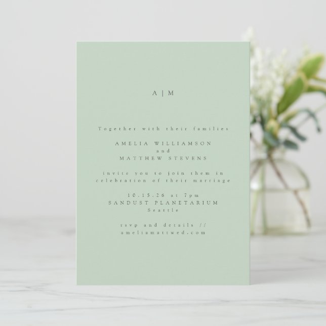 Minimalistisk monogram Pastel Mint Pistachio Bröll Inbjudningar (Stående Fram)