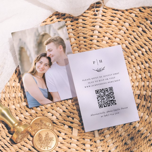 Minimalistisk Monogram QR-kod Foto Bröllops RSVP Tilläggskort (Skapare uppladdad)