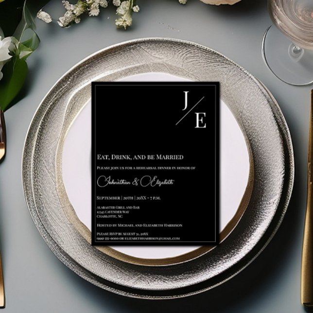 Minimalistisk Monogram-repetitionsmiddag | Svart Inbjudningar (Black Minimalist Monogram Rehearsal Dinner Invitation)