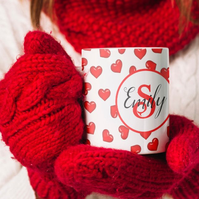 Minimalistisk Monogram Röda Hjärtan Älskare Mönste Kaffemugg (Skapare uppladdad)