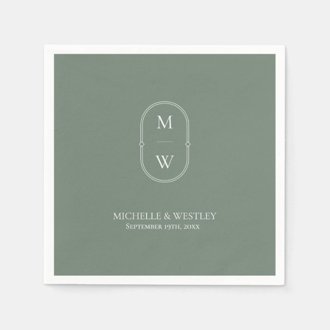 Minimalistisk monogram Sage Grönt Bröllop Pappersservett (Framsidan)