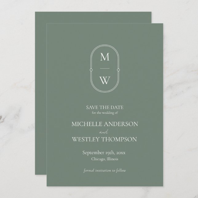 Minimalistisk monogram Sage Grönt Bröllop Spara Datumet (Fram/baksida)