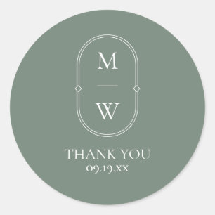 Minimalistisk monogram Sage Grönt Bröllop Tack Runt Klistermärke