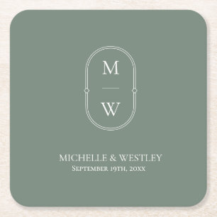 Minimalistisk monogram Sage Grönt Bröllop Underlägg Papper Kvadrat