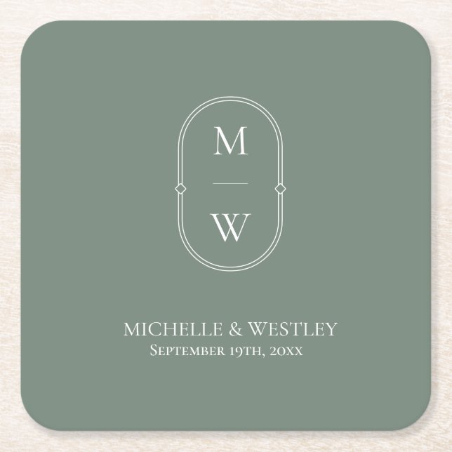 Minimalistisk monogram Sage Grönt Bröllop Underlägg Papper Kvadrat (Framsidan)