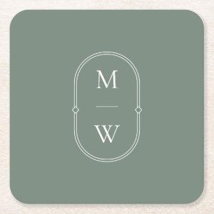 Minimalistisk monogram Sage Grönt Bröllop Underlägg Papper Kvadrat
